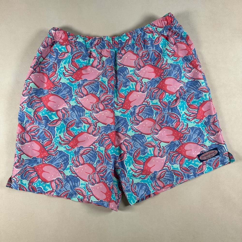 Vineyard Vines Swim Trunks Mens Medium Blue Pink Crab Shell Print Board Shorts